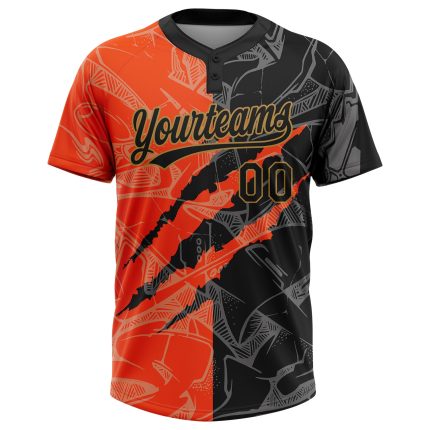 Custom Graffiti Pattern 3D Black and Old Gold Unisex Softball Jersey - Stylish Two-Button Design Custom Graffiti Pattern