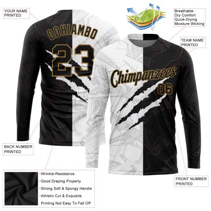 Graffiti Pattern Long Sleeve Performance T-Shirt in Black and Gold Scratch Custom Graffiti Pattern Black-Old Gold Scratch