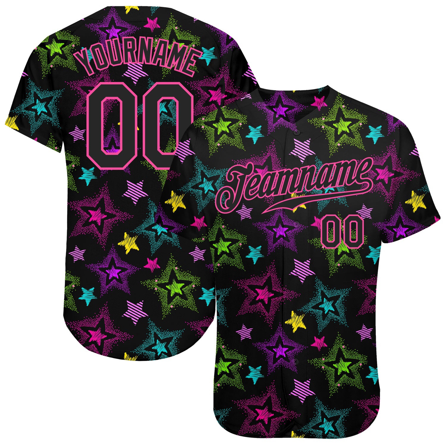 Custom Graffiti Pattern Baseball Jersey Black Pink 3D Colorful Stars Authentic Design Custom Graffiti Pattern Black-Pink