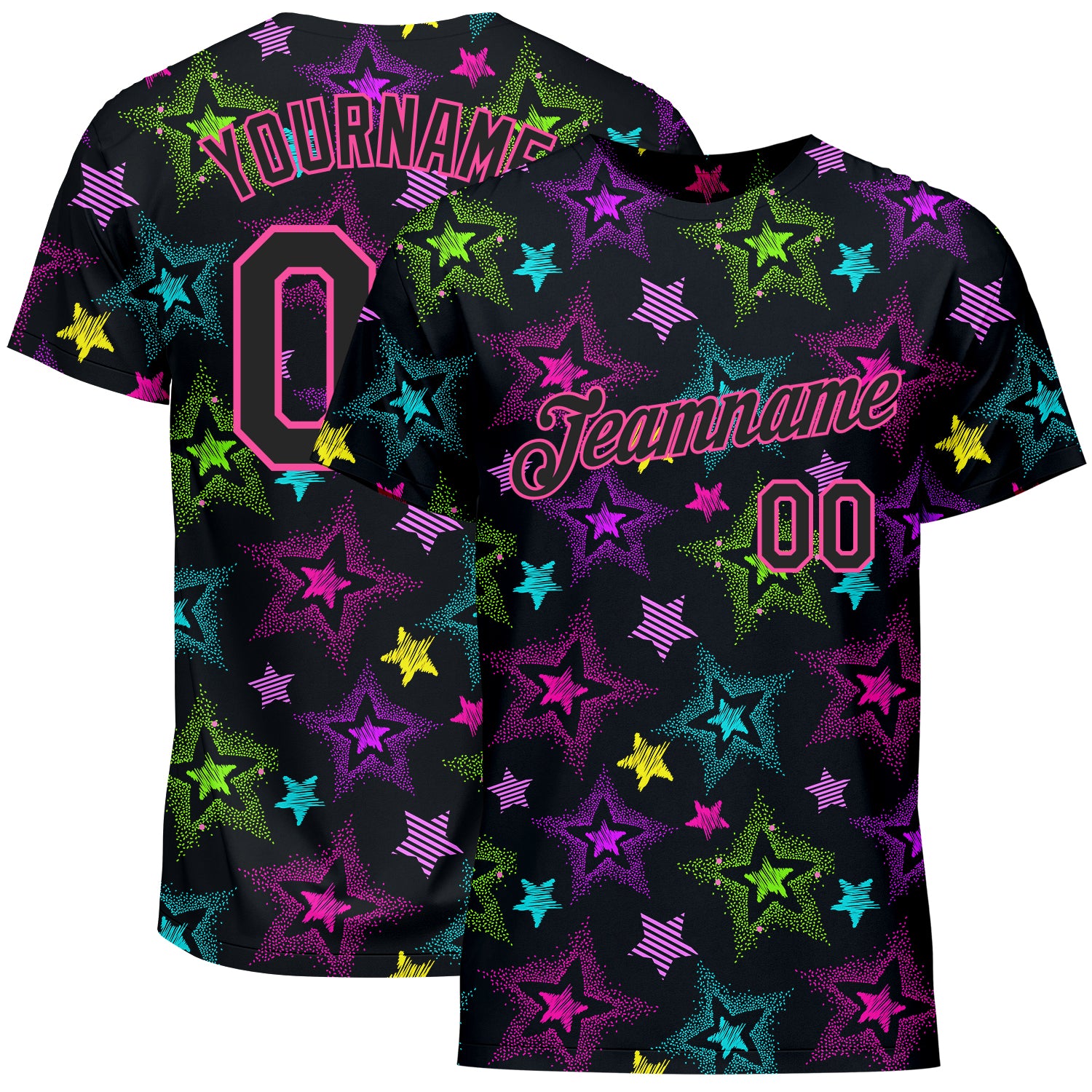 Custom Graffiti Pattern T-Shirt Black-Pink 3D Colorful Stars for Men and Women Performance Wear Custom Graffiti Pattern Black-Pink