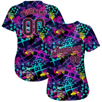 Custom Graffiti Pattern 3D Baseball Jersey - Black Pink Hearts Stars Geometric Design Custom Graffiti Pattern Black-Pink