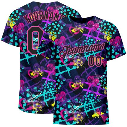 Black-Pink Custom Graffiti Pattern 3D T-Shirt with Hearts Stars Geometric Figures - Creative Performance Wear Custom Graffiti