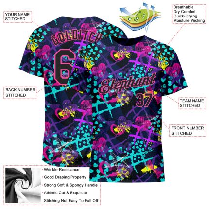 Black-Pink Custom Graffiti Pattern 3D T-Shirt with Hearts Stars Geometric Figures - Creative Performance Wear Custom Graffiti