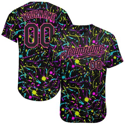 Black-Pink Custom Graffiti 3D Neon Splatter Baseball Jersey - Style 7876 Custom Graffiti Pattern Black-Pink 3D Neon Splatter