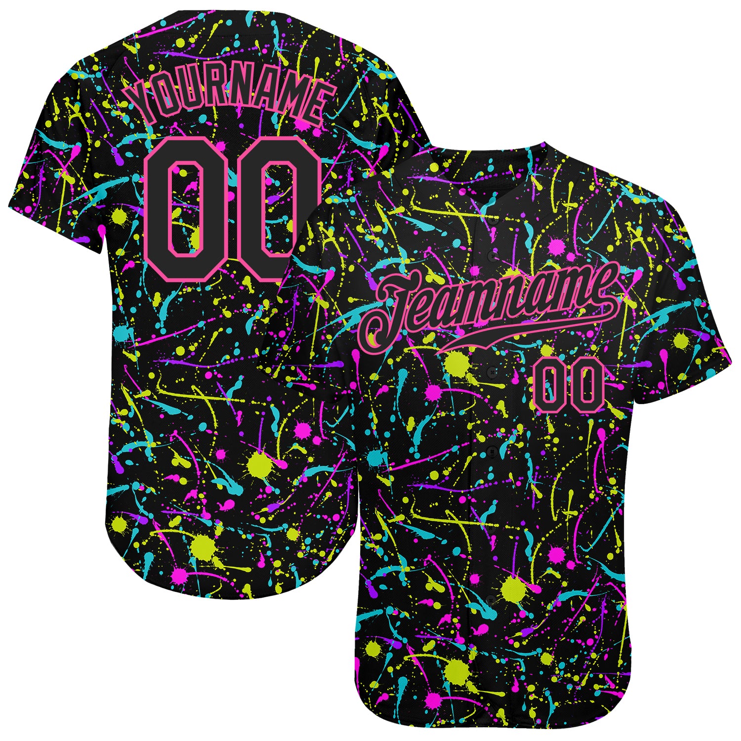 Custom Graffiti Pattern Black-Pink 3D Neon Splatter Authentic Baseball Jersey Style 7876 Black-Pink Custom Graffiti 3D Neon Splatter Baseball Jersey - Style 7876 Custom Graffiti Pattern Black-Pink 3D Neon Splatter