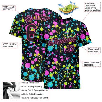 Custom Graffiti Neon Splatter Performance T-Shirt Black Pink 3D Graphic Apparel Custom Graffiti Pattern Black-Pink 3D Neon