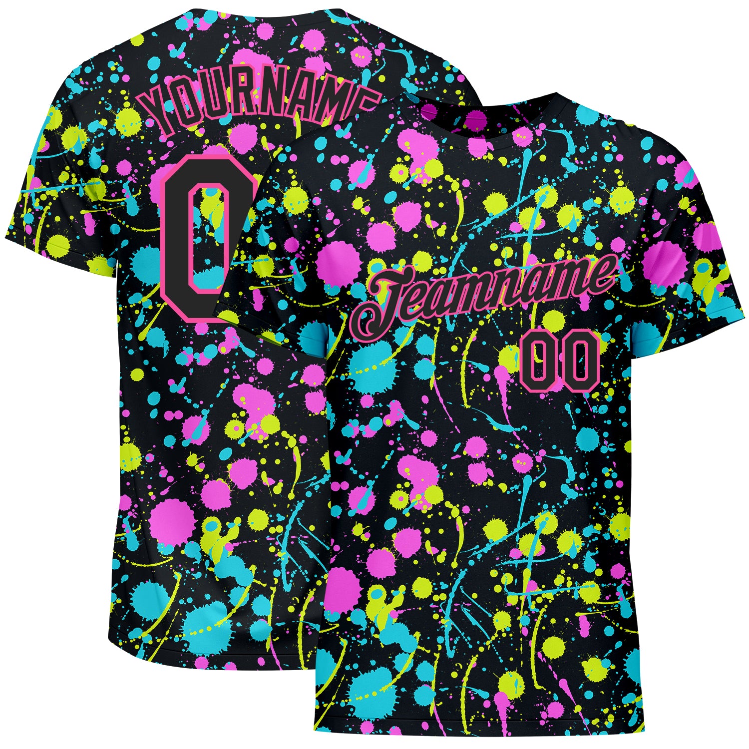 Custom Graffiti Neon Splatter Performance T-Shirt Black Pink 3D Graphic Apparel Custom Graffiti Pattern Black-Pink 3D Neon