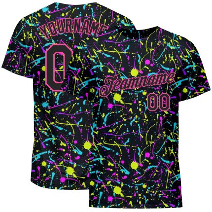 Custom Graffiti Pattern Black Pink Neon Splatter 3D Performance T-Shirt Style 1481 Custom Graffiti Pattern Black-Pink 3D