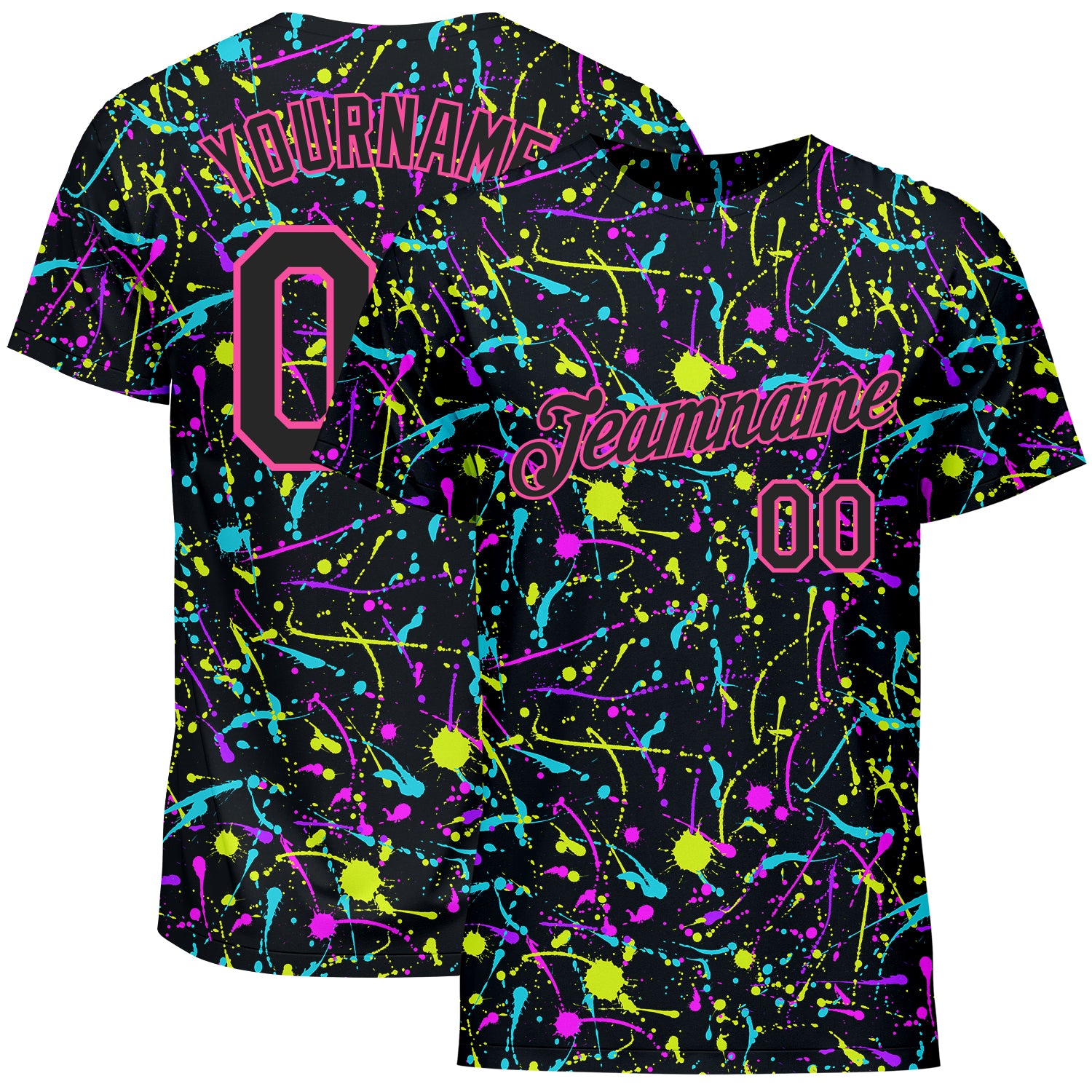 Custom Graffiti Pattern Black Pink Neon Splatter 3D Performance T-Shirt Style 1481 Custom Graffiti Pattern Black-Pink 3D
