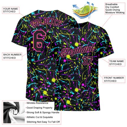 Custom Graffiti Pattern Black Pink Neon Splatter 3D Performance T-Shirt Style 1481 Custom Graffiti Pattern Black-Pink 3D