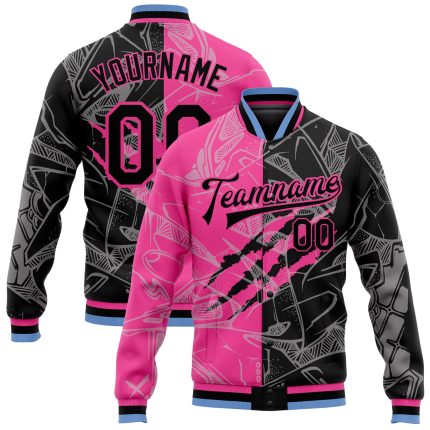 Custom Graffiti Pattern Bomber Jacket Black Pink Light Blue 3D Full-Snap Varsity Letterman Custom Graffiti Pattern Black