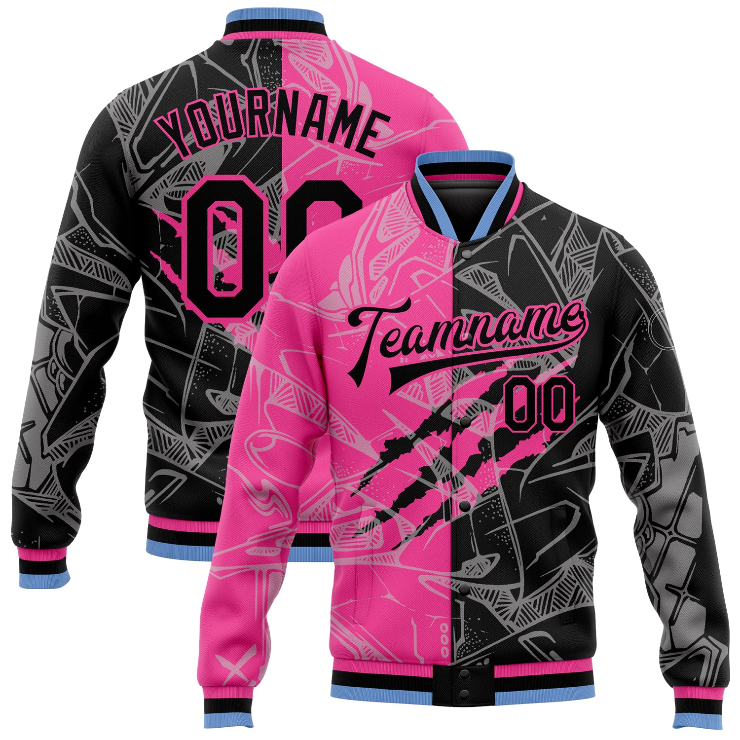 Custom Graffiti Pattern Bomber Jacket Black Pink Light Blue 3D Full-Snap Varsity Letterman Custom Graffiti Pattern Black