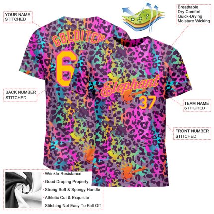 Custom Graffiti Gold-Pink 3D Leopard Performance T-Shirt - Colorful Design for Men and Women Custom Graffiti Pattern Gold-Pink
