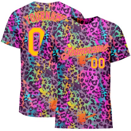 Custom Graffiti Gold-Pink 3D Leopard Performance T-Shirt - Colorful Design for Men and Women Custom Graffiti Pattern Gold-Pink