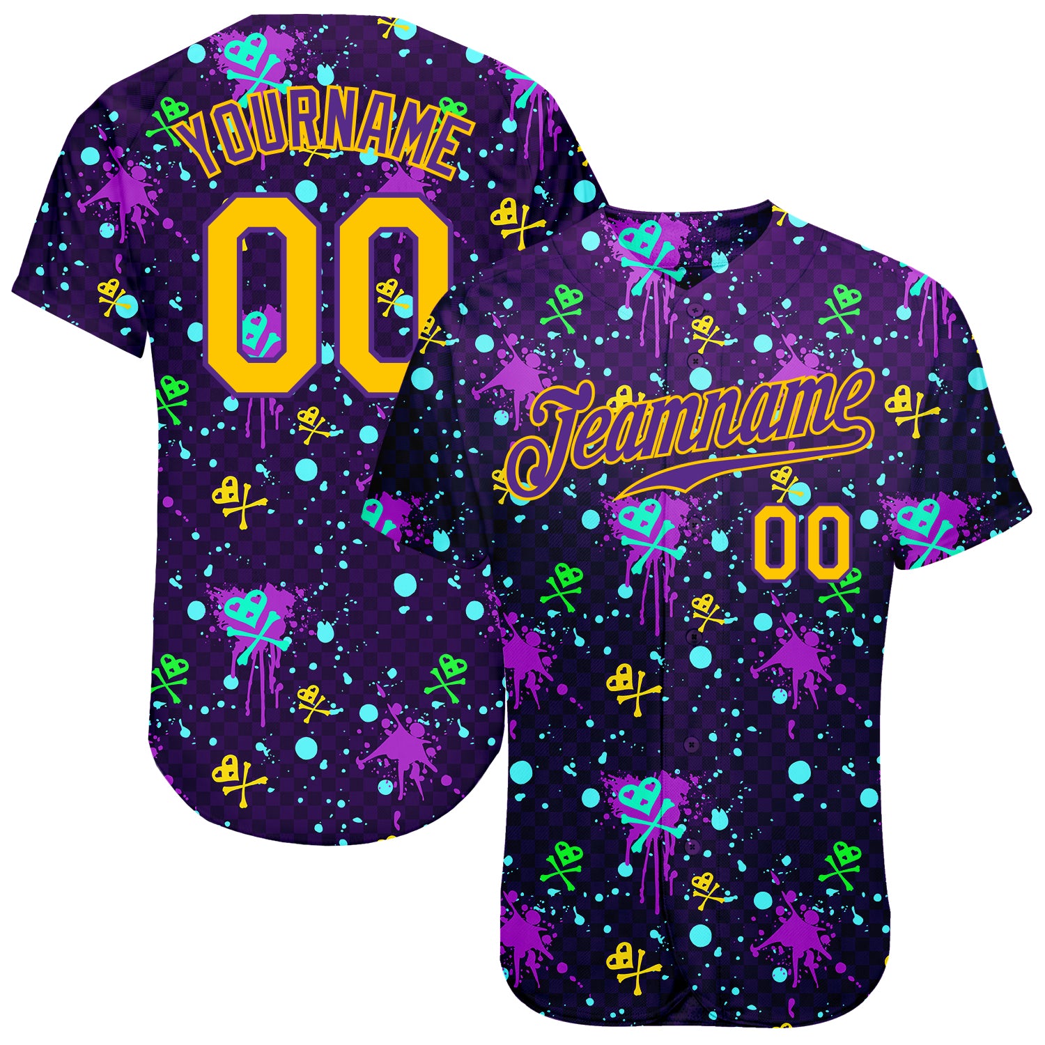 Custom Graffiti Pattern Gold-Purple 3D Clashing Colors Paint-Splatter Authentic Baseball Jersey Gold Purple Custom Graffiti Pattern 3D Paint Splatter Baseball Jersey Custom Graffiti Pattern Gold-Purple 3D Clashing Colors