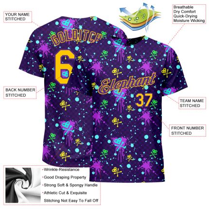 Graffiti Pattern Performance T-Shirt - Gold Purple 3D Paint Splatter Design Custom Graffiti Pattern Gold-Purple 3D Clashing