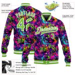 Neon Green White Custom Graffiti Pattern 3D Varsity Letterman Bomber Jacket Custom Graffiti Pattern Neon Green-White 3D Bomber