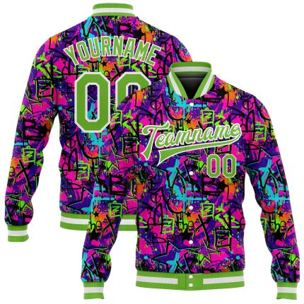 Neon Green White Custom Graffiti Pattern 3D Varsity Letterman Bomber Jacket Custom Graffiti Pattern Neon Green-White 3D Bomber