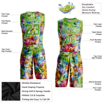 Neon Green White Custom Graffiti Basketball Jersey Round Neck Sublimation Suit Custom Graffiti Pattern Neon Green-White Round