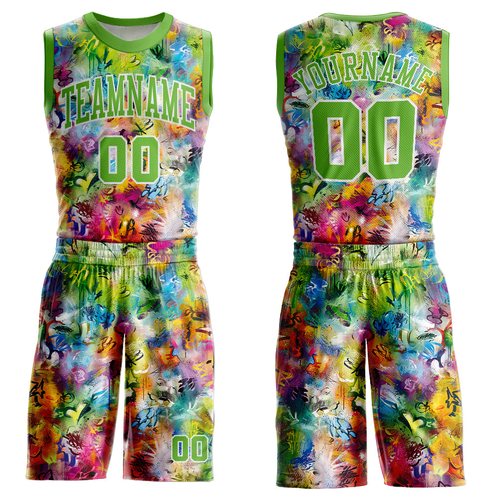 Neon Green White Custom Graffiti Basketball Jersey Round Neck Sublimation Suit Custom Graffiti Pattern Neon Green-White Round