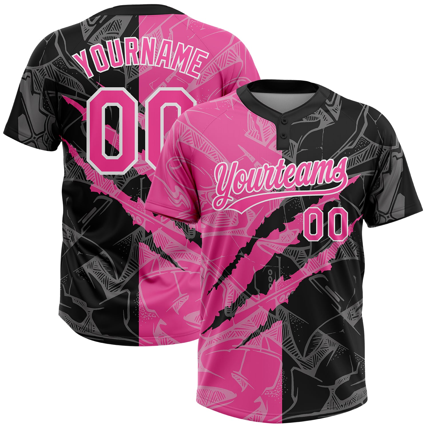 Custom Pink Black 3D Graffiti Pattern Unisex Softball Jersey - Two-Button Design Custom Graffiti Pattern Pink-Black 3D Two-Button