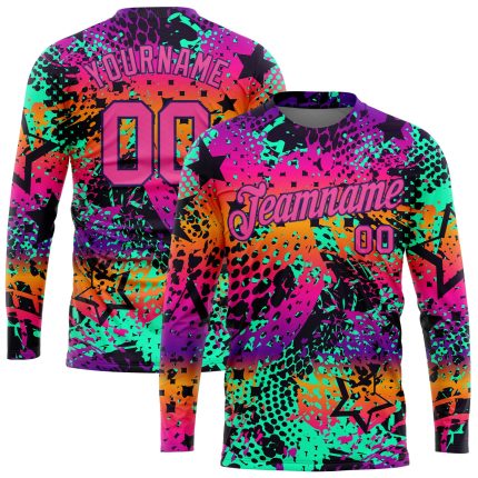 Bright Neon Pink Purple Custom Graffiti 3D Long Sleeve Performance T-Shirt Custom Graffiti Pattern Pink-Purple Bright Neon