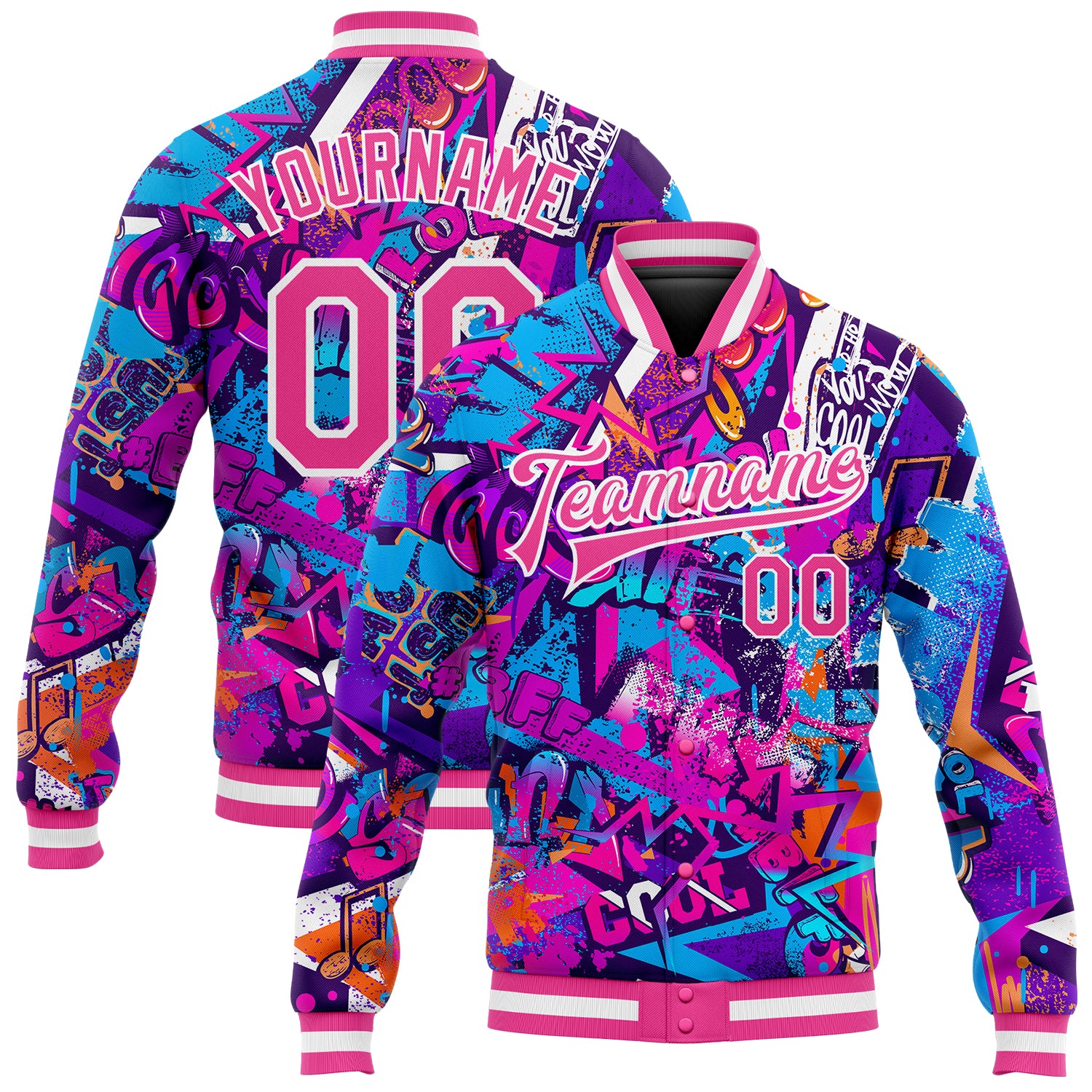 Custom Graffiti Pattern Jacket Pink White 3D Bomber Varsity Letterman Full-Snap Custom Graffiti Pattern Pink-White Words
