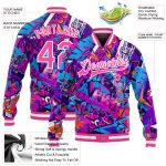 Custom Graffiti Pattern Jacket Pink White 3D Bomber Varsity Letterman Full-Snap Custom Graffiti Pattern Pink-White Words