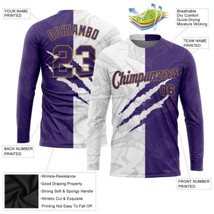 Custom Graffiti Pattern Long Sleeve Performance T-Shirt in Purple and Old Gold 3D Design Custom Graffiti Pattern Purple-Old
