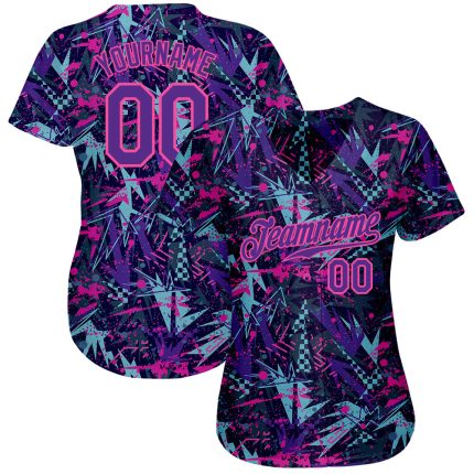 Purple Pink 3D Graffiti Pattern Baseball Jersey with Creative Geometric Figures and Dots, Custom Design Custom Graffiti Pattern