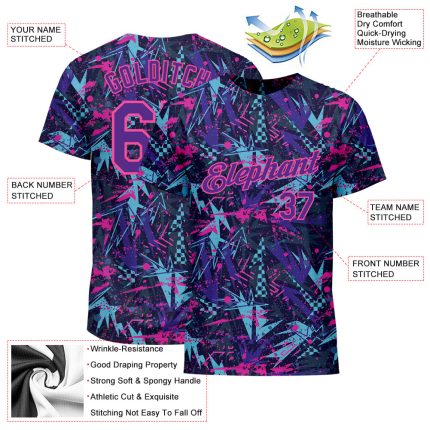Custom Purple Pink Graffiti 3D Geometric Patterns Performance T-Shirt Custom Graffiti Pattern Purple-Pink 3D Creative Geometric
