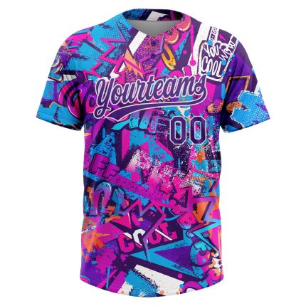 Purple-White Custom Graffiti 3D Bright Psychedelic Unisex Softball Jersey - Two-Button Design Custom Graffiti Pattern Purple-White