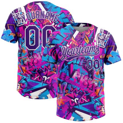 Purple-White Custom Graffiti 3D Bright Psychedelic Unisex Softball Jersey - Two-Button Design Custom Graffiti Pattern Purple-White