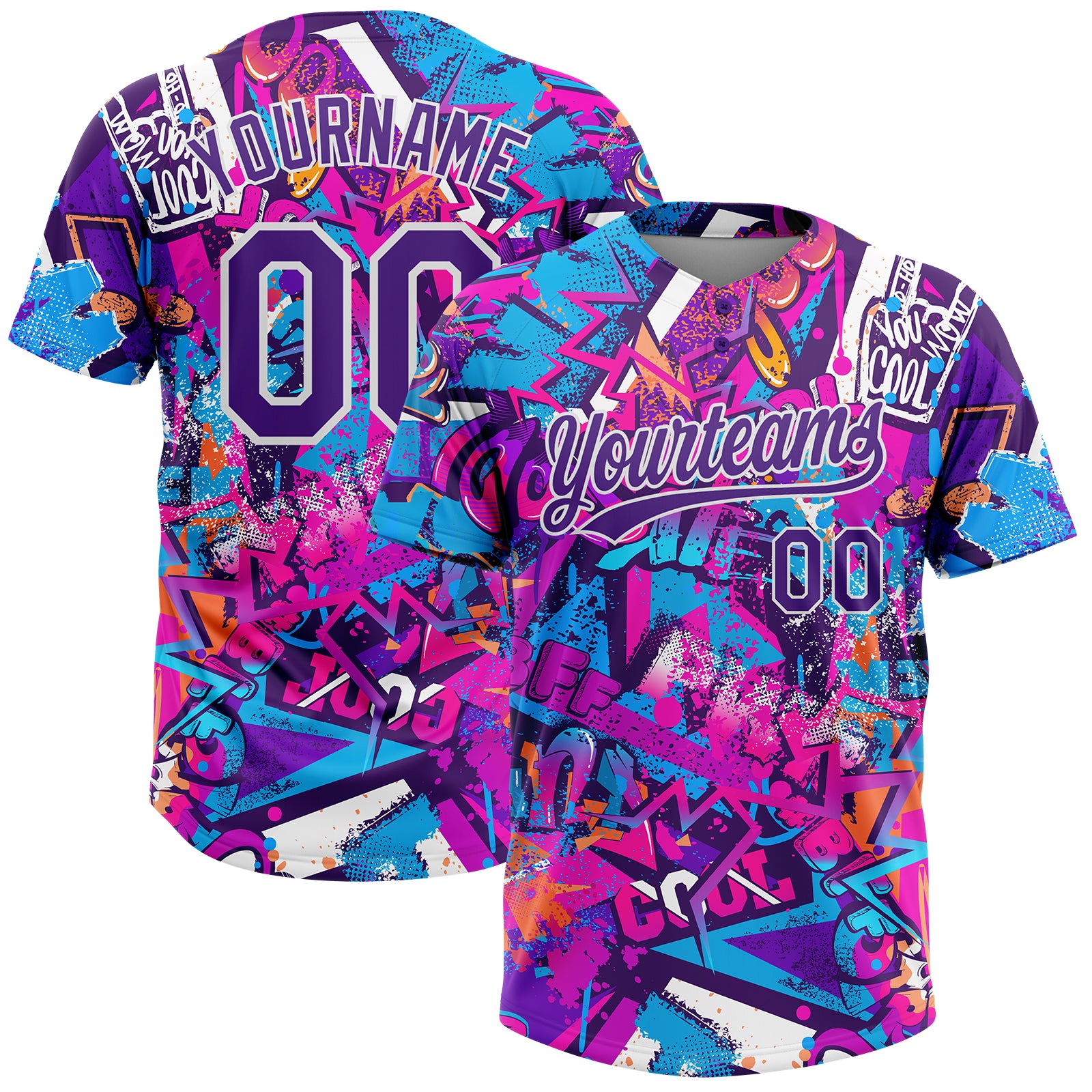 Custom Graffiti Pattern Purple-White 3D Bright Psychedelic Two-Button Unisex Softball Jersey Purple-White Custom Graffiti 3D Bright Psychedelic Unisex Softball Jersey - Two-Button Design Custom Graffiti Pattern Purple-White
