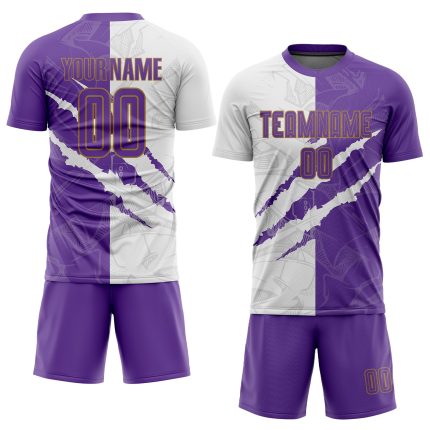 Purple White Old Gold Custom Graffiti Pattern Sublimation Soccer Jersey Uniform Custom Graffiti Pattern Purple White-Old