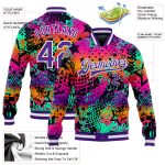 Custom Purple White Graffiti 3D Bomber Varsity Letterman Jacket Full-Snap Custom Graffiti Pattern Purple-White Scratch 3D