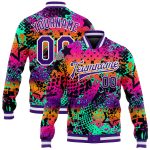 Custom Purple White Graffiti 3D Bomber Varsity Letterman Jacket Full-Snap Custom Graffiti Pattern Purple-White Scratch 3D