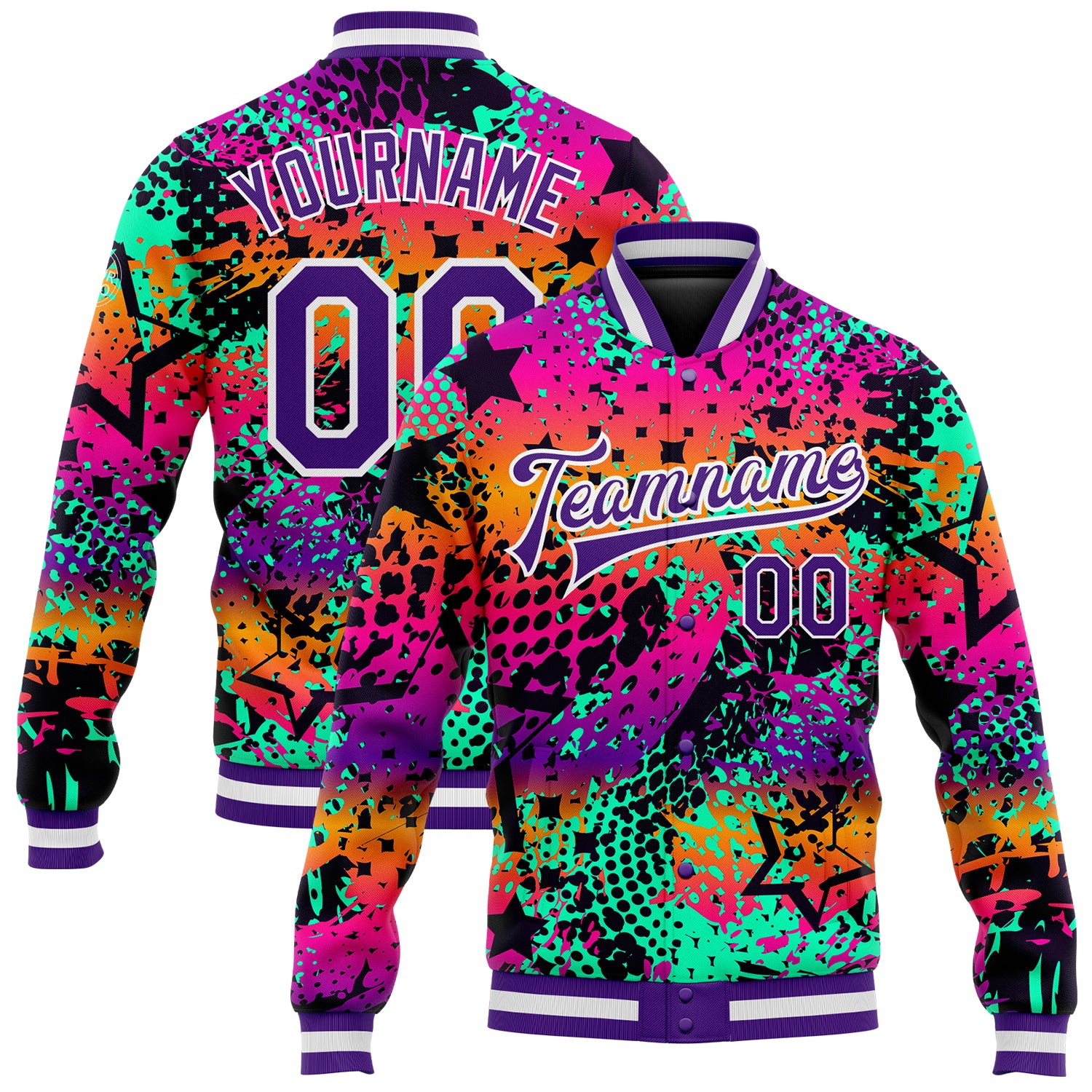 Custom Purple White Graffiti 3D Bomber Varsity Letterman Jacket Full-Snap Custom Graffiti Pattern Purple-White Scratch 3D