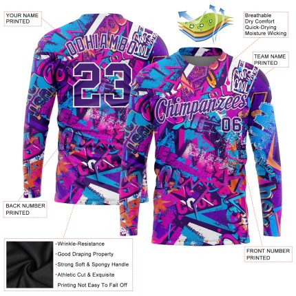 Purple-White Custom Graffiti 3D Long Sleeve Performance T-Shirt for Men and Women Custom Graffiti Pattern Purple-White Words