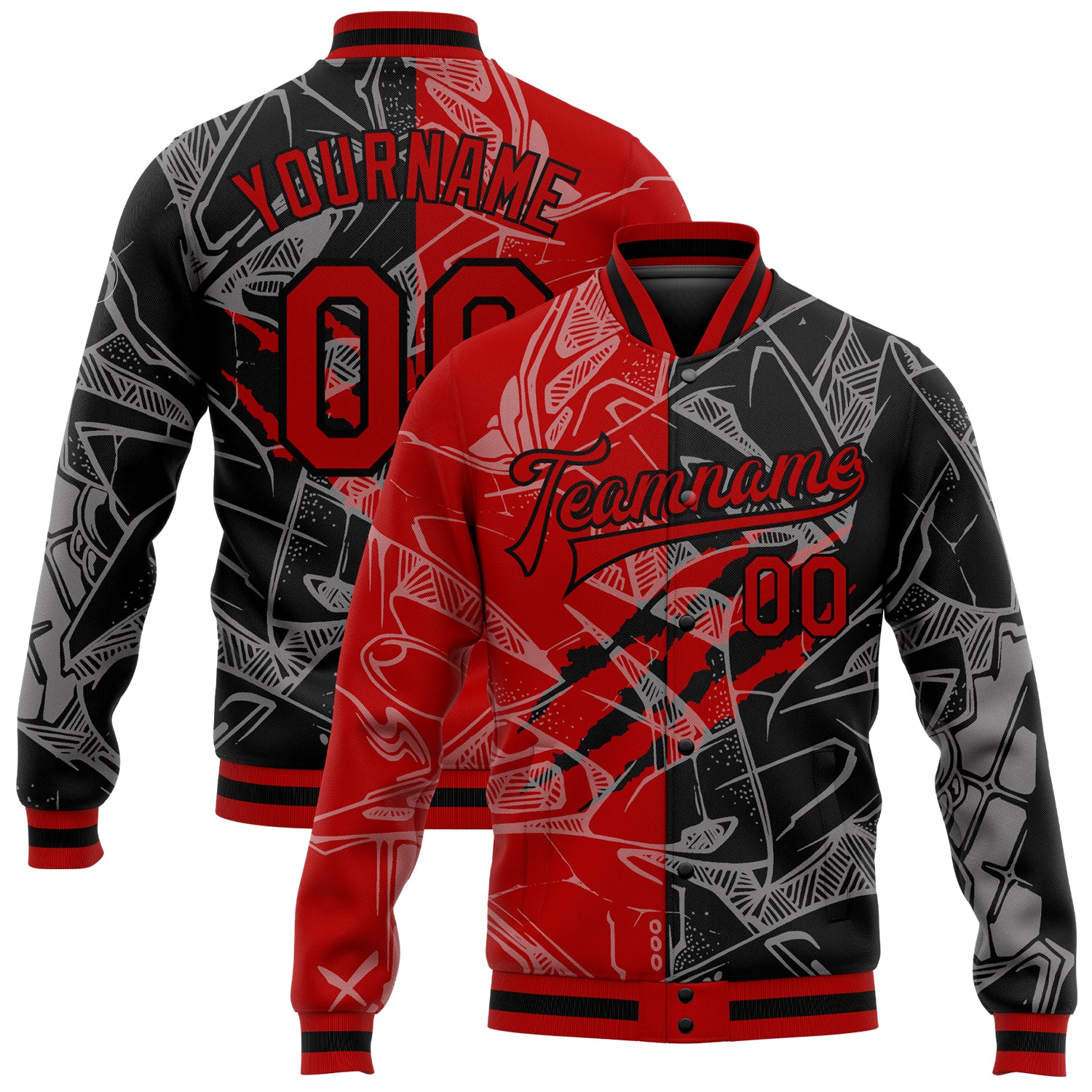 Custom Graffiti Pattern Red-Black Scratch 3D Bomber Full-Snap Varsity Letterman Jacket Red Black Graffiti Pattern 3D Bomber Jacket Full Snap Varsity Letterman Coat Custom Graffiti Pattern Red-Black Scratch 3D