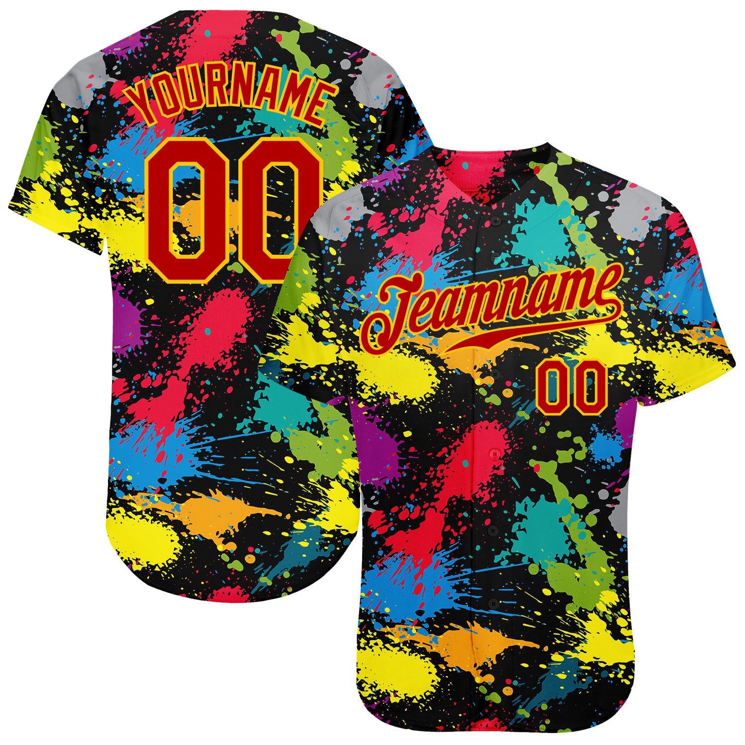 Custom Red Gold Graffiti Art Baseball Jersey 3D Colorful Ink Splattered Paintbrush Design Authentic Sports Apparel Custom