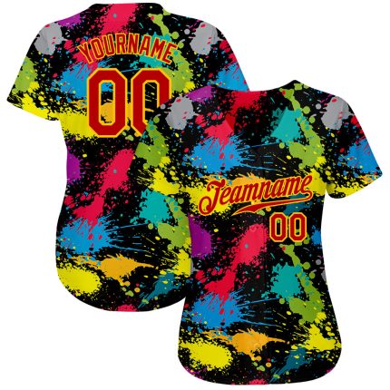 Custom Red Gold Graffiti Art Baseball Jersey 3D Colorful Ink Splattered Paintbrush Design Authentic Sports Apparel Custom