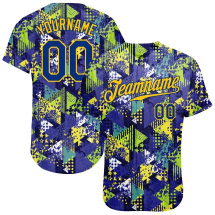 Custom Graffiti Pattern Baseball Jersey in Royal Gold with 3D Geometric Triangle and Dots Design Custom Graffiti Pattern