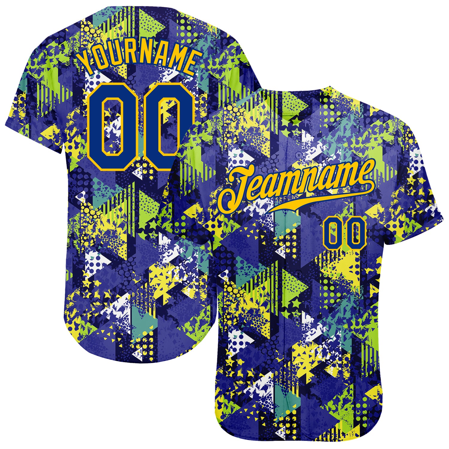 Custom Graffiti Pattern Baseball Jersey in Royal Gold with 3D Geometric Triangle and Dots Design Custom Graffiti Pattern