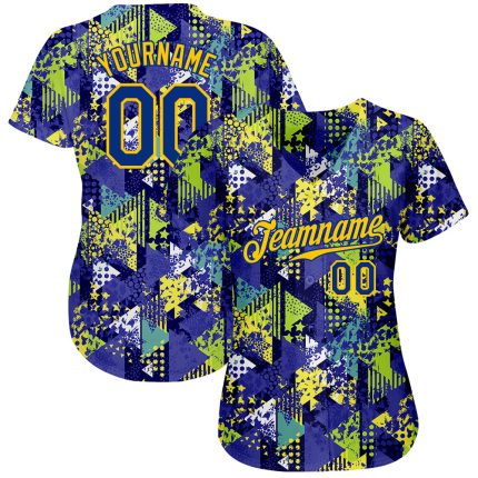 Custom Graffiti Pattern Baseball Jersey in Royal Gold with 3D Geometric Triangle and Dots Design Custom Graffiti Pattern