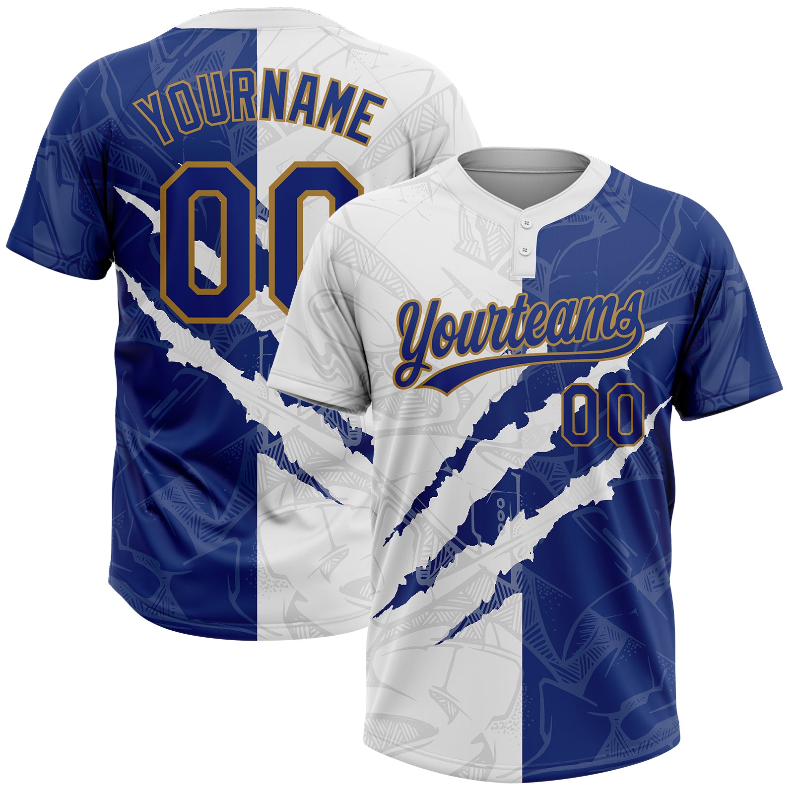 Custom Graffiti Royal-Old Gold 3D Two-Button Unisex Softball Jersey Custom Graffiti Pattern Royal-Old Gold 3D Two-Button