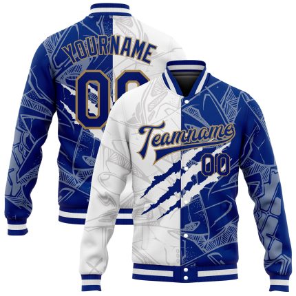 Custom Graffiti Pattern 3D Bomber Jacket Royal-Old Gold Full-Snap Varsity Letterman Custom Graffiti Pattern Royal-Old Gold