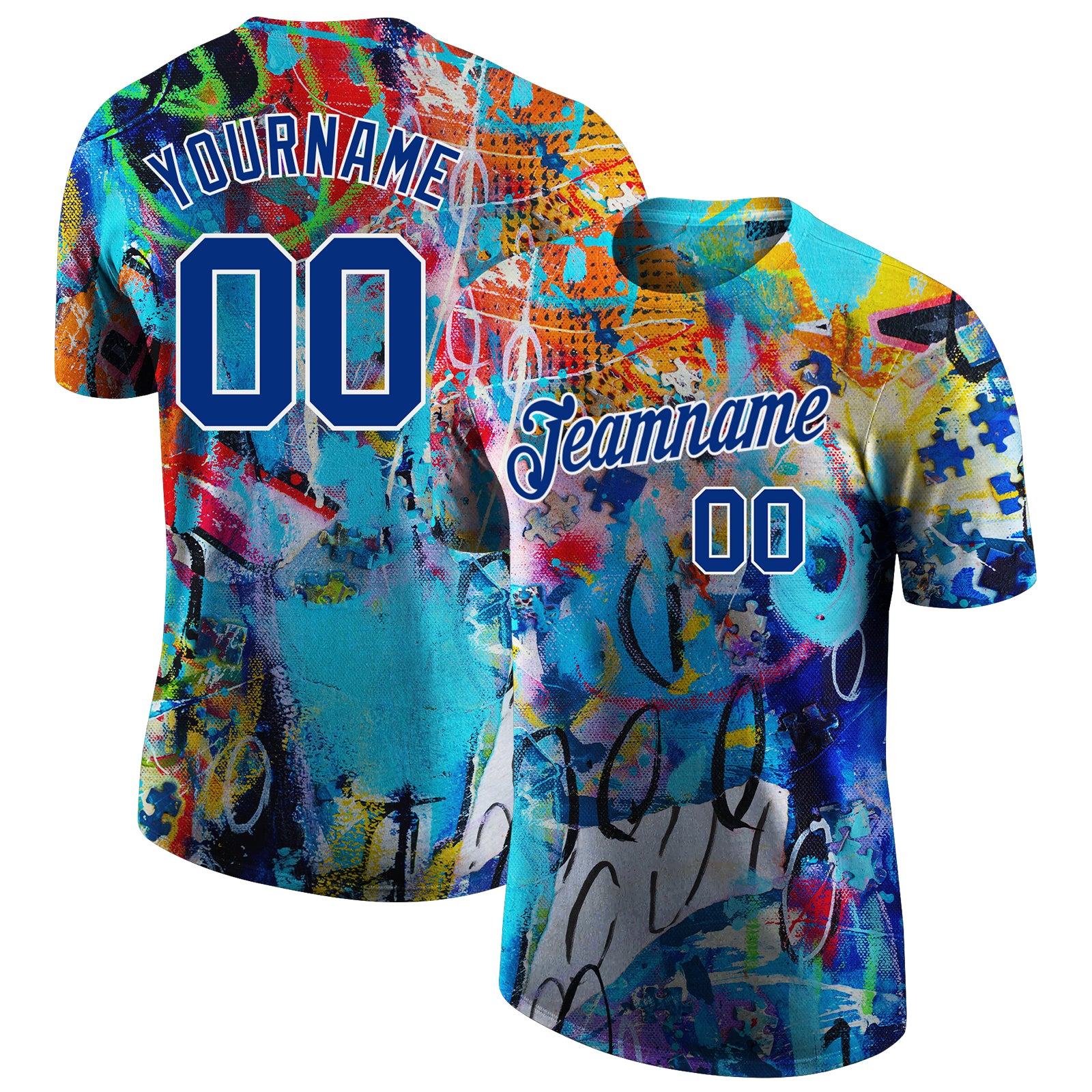 Custom Graffiti Pattern Royal-White 3D Performance T-Shirt Style 7090 Custom Graffiti Pattern Performance T-Shirt Royal-White 3D Style 7090 Custom Graffiti Pattern Royal-White 3D Performance