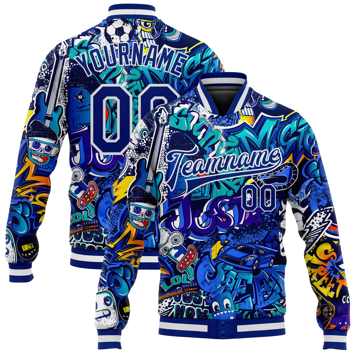 Custom Graffiti Abstract Urban Street Art 3D Bomber Varsity Jacket - Royal White Full-Snap Design Custom Graffiti Pattern