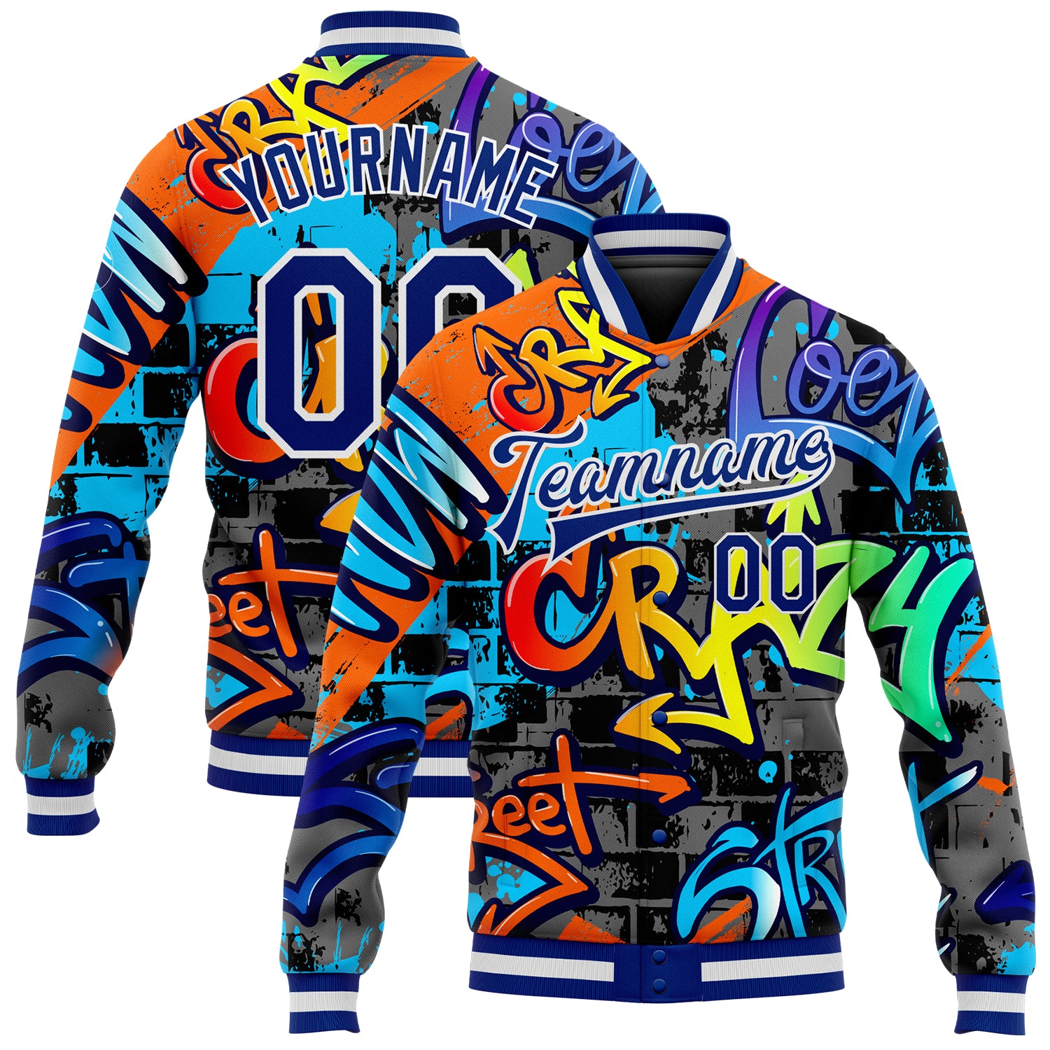 Custom Geometric Graffiti Pattern 3D Royal-White Bomber Varsity Letterman Jacket Custom Graffiti Pattern Royal-White Geometric